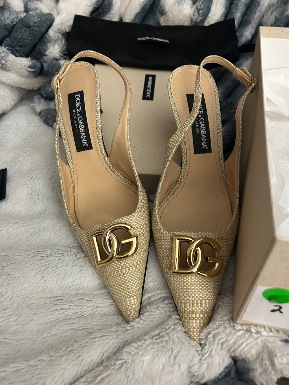 Dolce & Gabbana Metallic Gold Pointed-Toe Slingback Flats with DG Logo